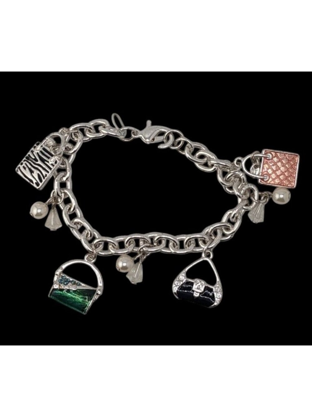 Y2K Glam Girly Purse Charm Bracelet Silver Tone Handbag Fashion Jewelry